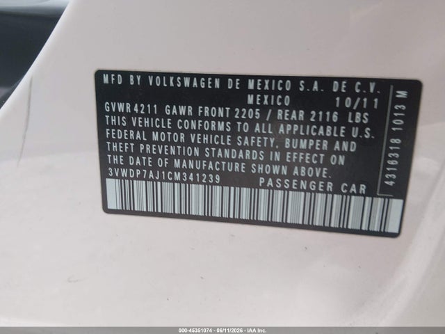 2012 Volkswagen Jetta 2.5l Se მანქანა იყიდება აუქციონზე, vin: 3VWDP7AJ1CM341239, აუქციონის ნომერი: 45351074