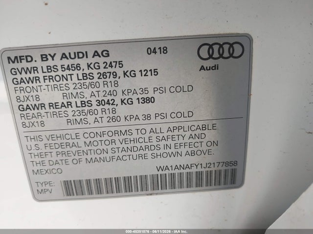 Продаж на аукціоні авто 2018 Audi Q5 2.0t Premium/2.0t Tech Premium, vin: WA1ANAFY1J2177858, номер лоту: 45351076