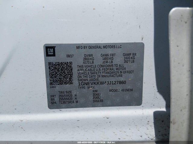 45351089 :رقم المزاد ، 1GNEVKKW4JJ127860 vin ، 2018 Chevrolet Traverse High Country مزاد بيع