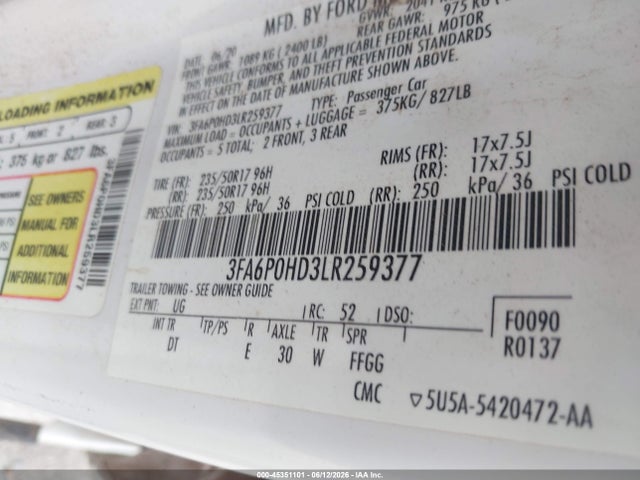 2020 Ford Fusion Se მანქანა იყიდება აუქციონზე, vin: 3FA6P0HD3LR259377, აუქციონის ნომერი: 45351101