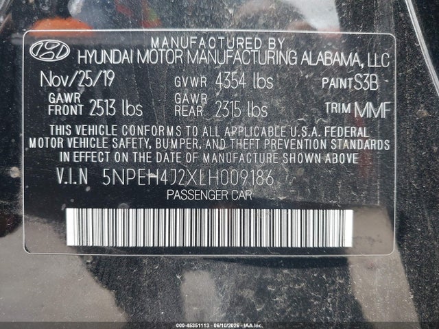 Продаж на аукціоні авто 2020 Hyundai Sonata Limited, vin: 5NPEH4J2XLH009186, номер лоту: 45351113