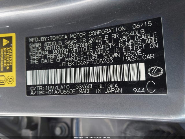 45351116 :رقم المزاد ، JTHBK1GGXF2208233 vin ، 2015 Lexus Es 350 مزاد بيع