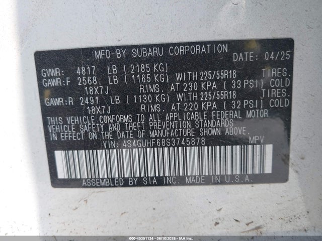 45351134 :رقم المزاد ، 4S4GUHF68S3745878 vin ، 2025 Subaru Crosstrek Sport مزاد بيع
