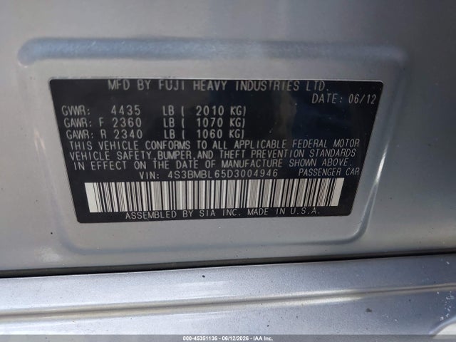 Продажа на аукционе авто 2013 Subaru Legacy 2.5i Limited, vin: 4S3BMBL65D3004946, номер лота: 45351136