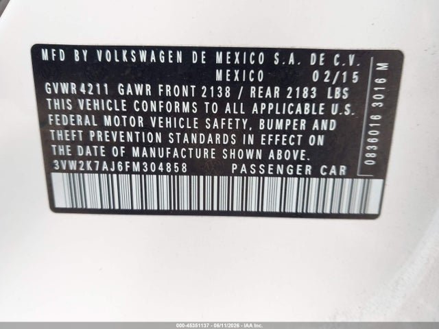 Aukcja sprzedaży 2015 Volkswagen Jetta 2.0l S, vin: 3VW2K7AJ6FM304858, numer aukcji: 45351137