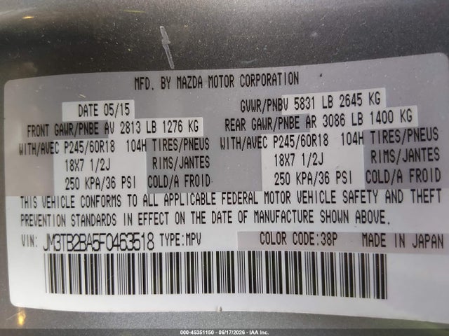 Auction sale of the 2015 Mazda Cx-9 Sport, vin: JM3TB2BA5F0463518, lot number: 45351150