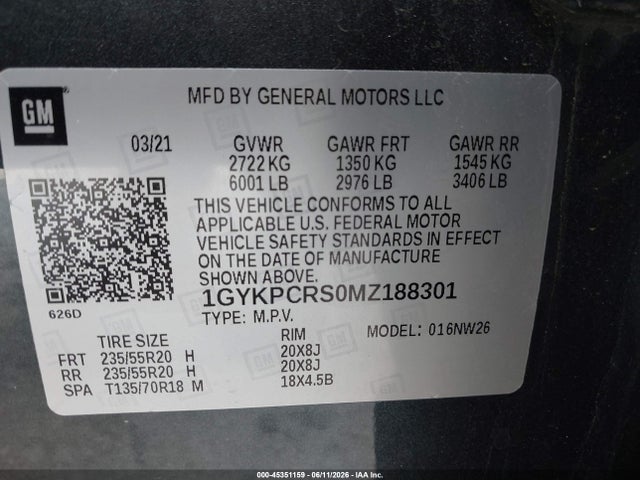 45351159 :رقم المزاد ، 1GYKPCRS0MZ188301 vin ، 2021 Cadillac Xt6 Fwd Premium Luxury مزاد بيع