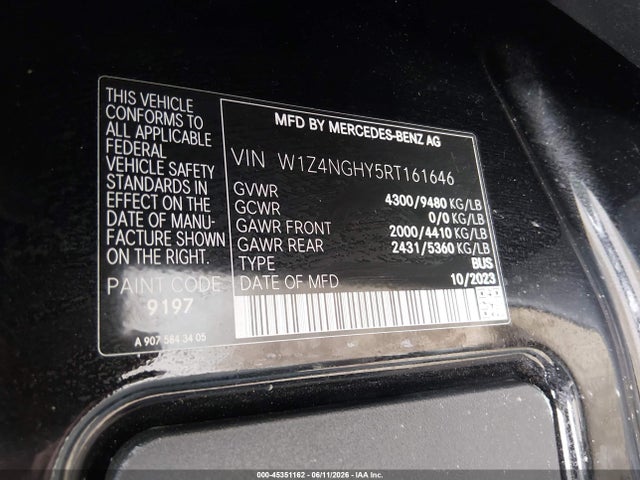 Продаж на аукціоні авто 2024 Mercedes-benz Sprinter 2500 High Roof 4-cyl Diesel Ho, vin: W1Z4NGHY5RT161646, номер лоту: 45351162