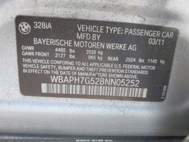 Aukcja sprzedaży 2011 Bmw 328i, vin: WBAPH7G52BNN05252, numer aukcji: 45351167