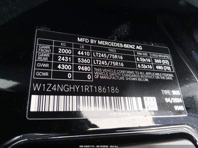 Aukcja sprzedaży 2024 Mercedes-benz Sprinter 2500 High Roof 4-cyl Diesel Ho, vin: W1Z4NGHY1RT186186, numer aukcji: 45351174
