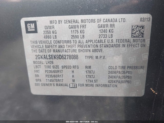 45351190 :رقم المزاد ، 2GKALSEK9D6278088 vin ، 2013 Gmc Terrain Sle-2 مزاد بيع