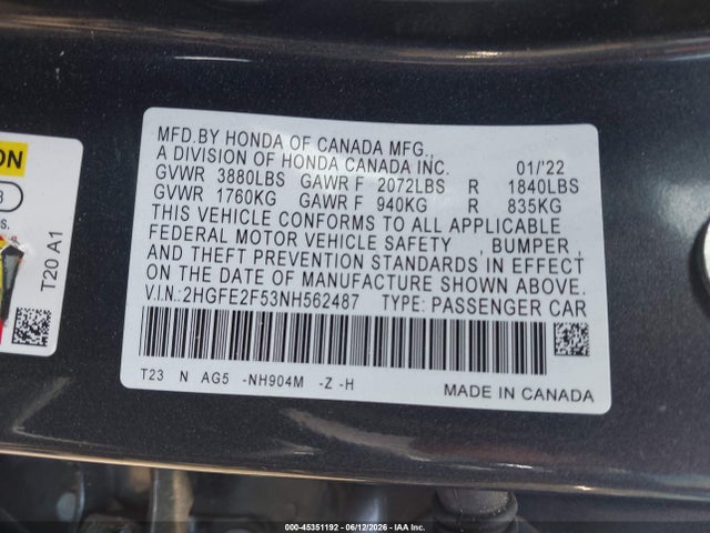2HGFE2F53NH562487 Honda Civic Sport