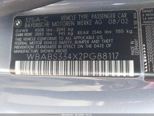 Aukcja sprzedaży 2002 Bmw 325 Ci, vin: WBABS334X2PG88117, numer aukcji: 45351201