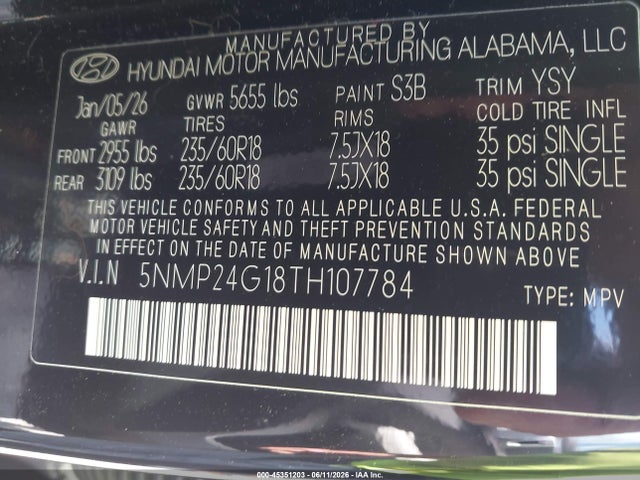 5NMP24G18TH107784 Hyundai Santa Fe Hybrid Sel