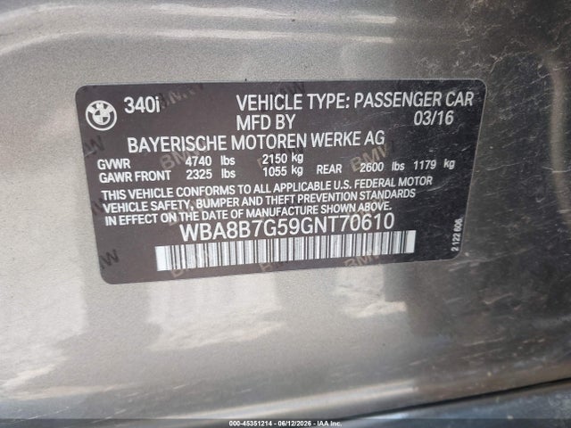 Продаж на аукціоні авто 2016 Bmw 340i Xdrive, vin: WBA8B7G59GNT70610, номер лоту: 45351214