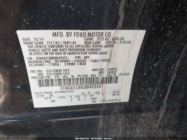 Ford FLEX SEL 2014 2FMGK5C88EBD42353 Image 9