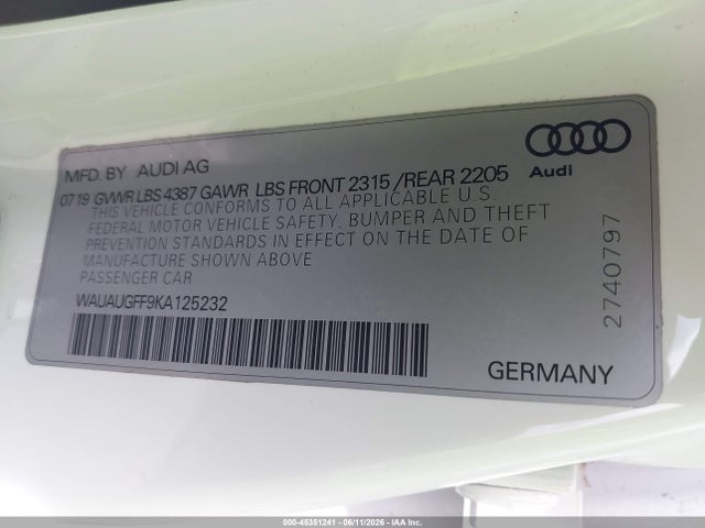 Aukcja sprzedaży 2019 Audi A3 40 Premium/40 Titanium Premium, vin: WAUAUGFF9KA125232, numer aukcji: 45351241