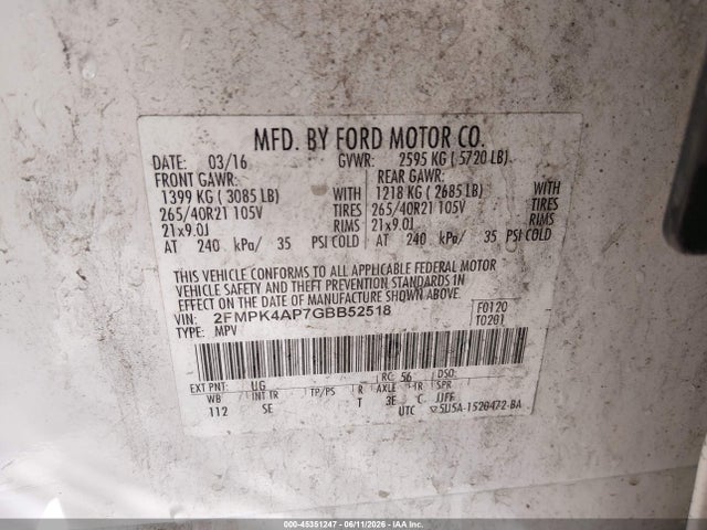 Ford EDGE SPORT 2016 2FMPK4AP7GBB52518 Image 9