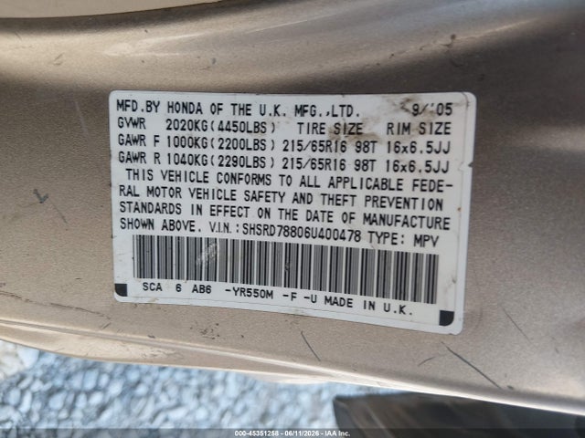 Auction sale of the 2006 Honda Cr-v Ex, vin: SHSRD78806U400478, lot number: 45351258