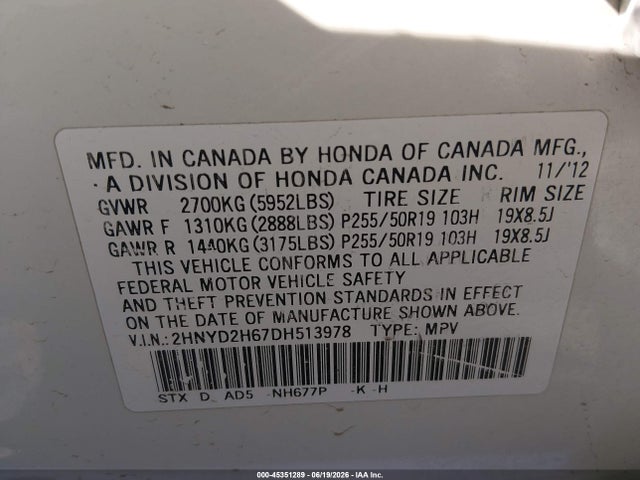 Продаж на аукціоні авто 2013 Acura Mdx Advance Package, vin: 2HNYD2H67DH513978, номер лоту: 45351289