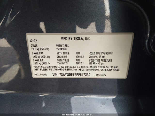 45351292 :رقم المزاد ، 7SAYGDEE2PF617330 vin ، 2023 Tesla Model Y Awd/long Range Dual Motor All-wheel Drive مزاد بيع
