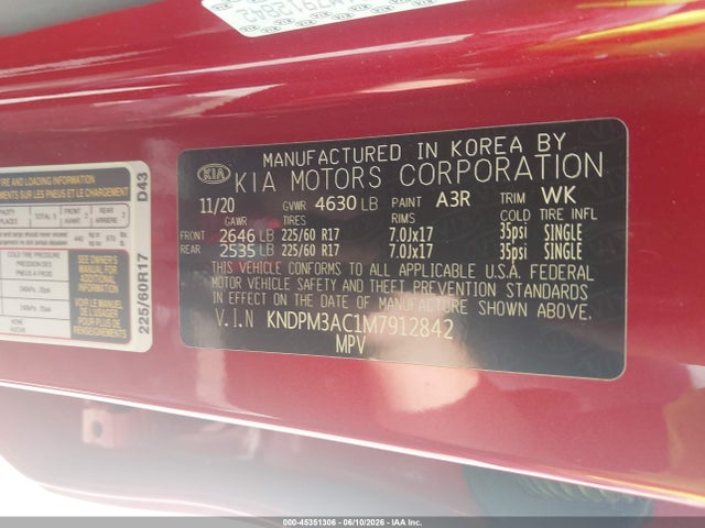Продажа на аукционе авто 2021 Kia Sportage Lx, vin: KNDPM3AC1M7912842, номер лота: 45351306