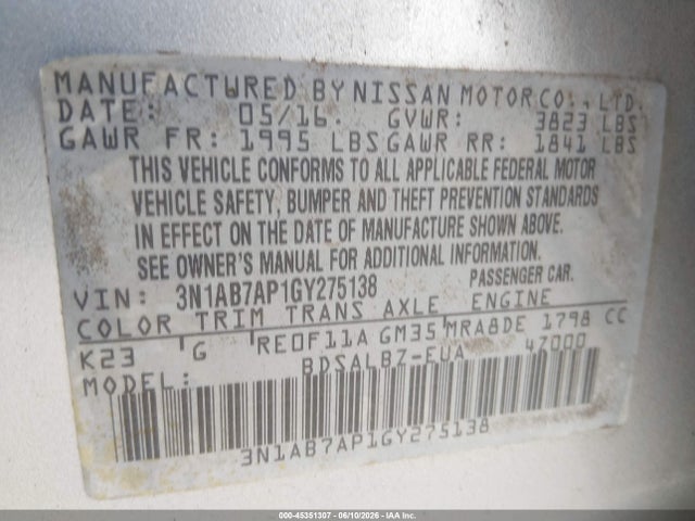 Aukcja sprzedaży 2016 Nissan Sentra Fe+ S/s/sl/sr/sv, vin: 3N1AB7AP1GY275138, numer aukcji: 45351307