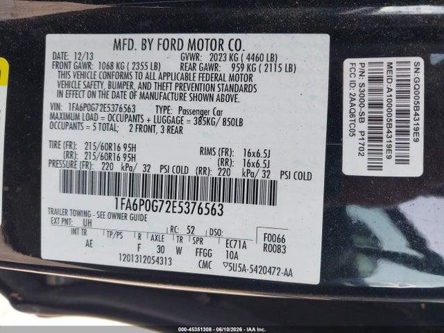 2014 Ford Fusion S მანქანა იყიდება აუქციონზე, vin: 1FA6P0G72E5376563, აუქციონის ნომერი: 45351308