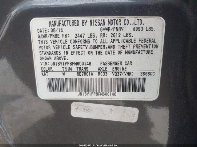 Продажа на аукционе авто 2015 Infiniti Q70l 3.7, vin: JN1BY1PP8FM600148, номер лота: 45351315