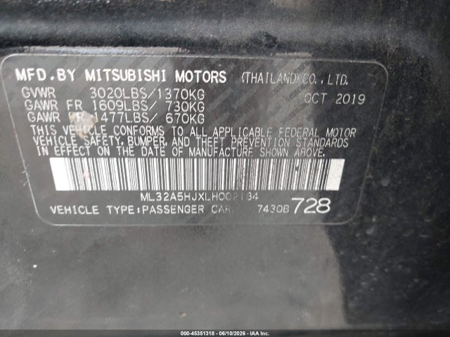 Aukcja sprzedaży 2020 Mitsubishi Mirage Le, vin: ML32A5HJXLH002184, numer aukcji: 45351318