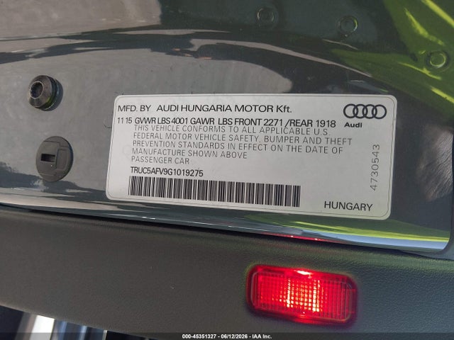 2016 Audi Tt 2.0t მანქანა იყიდება აუქციონზე, vin: TRUC5AFV9G1019275, აუქციონის ნომერი: 45351327