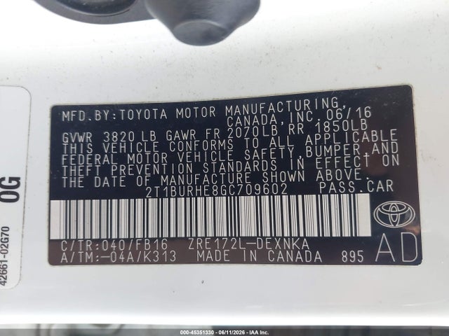 2016 Toyota Corolla Le Plus მანქანა იყიდება აუქციონზე, vin: 2T1BURHE8GC709602, აუქციონის ნომერი: 45351330