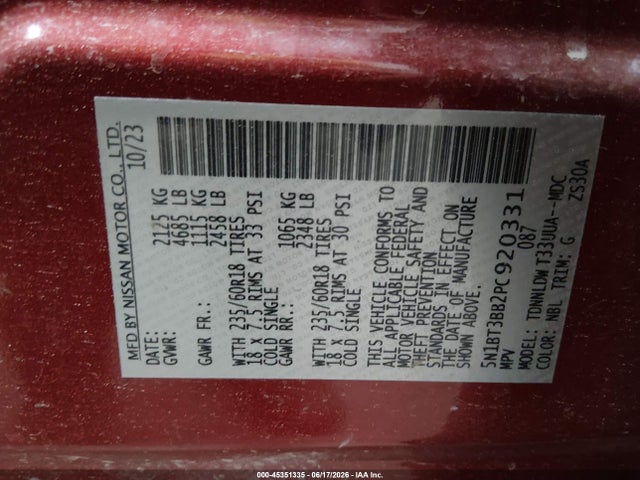 45351335 :رقم المزاد ، 5N1BT3BB2PC920331 vin ، 2023 Nissan Rogue Sv Intelligent Awd مزاد بيع