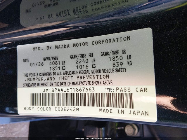 45351382 :رقم المزاد ، JM1BPAAL6T1867663 vin ، 2026 Mazda Mazda3 2.5 S مزاد بيع