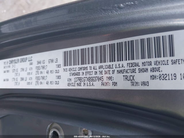45351385 :رقم المزاد ، 1D7RB1GTXBS637045 vin ، 2011 Ram Ram 1500 Slt مزاد بيع