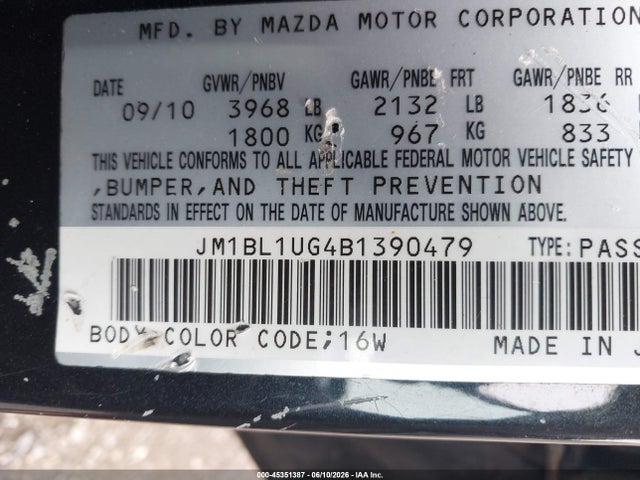 45351387 :رقم المزاد ، JM1BL1UG4B1390479 vin ، 2011 Mazda Mazda3 I Sport مزاد بيع