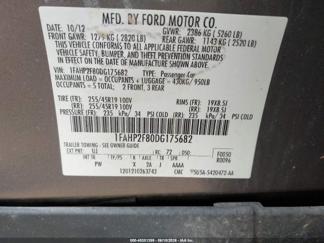 Auction sale of the 2013 Ford Taurus Limited, vin: 1FAHP2F80DG175682, lot number: 45351399