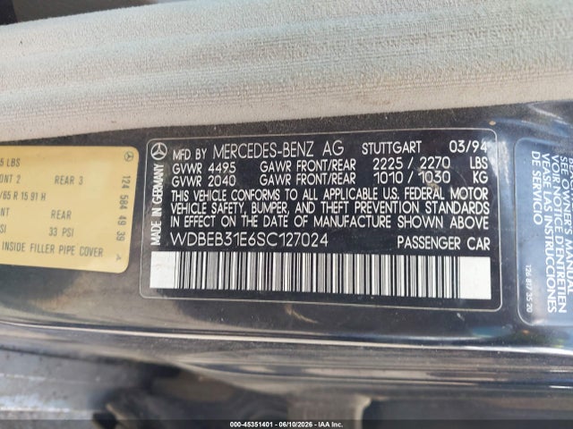 Aukcja sprzedaży 1995 Mercedes-benz E 300d/300d Special, vin: WDBEB31E6SC127024, numer aukcji: 45351401