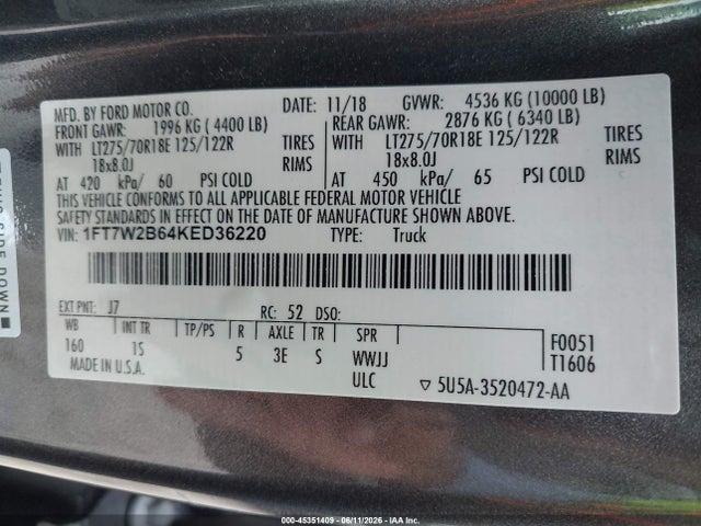 45351409 :رقم المزاد ، 1FT7W2B64KED36220 vin ، 2019 Ford F-250 Xl مزاد بيع