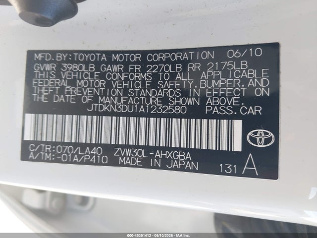 Aukcja sprzedaży 2010 Toyota Prius Iv, vin: JTDKN3DU1A1232580, numer aukcji: 45351412