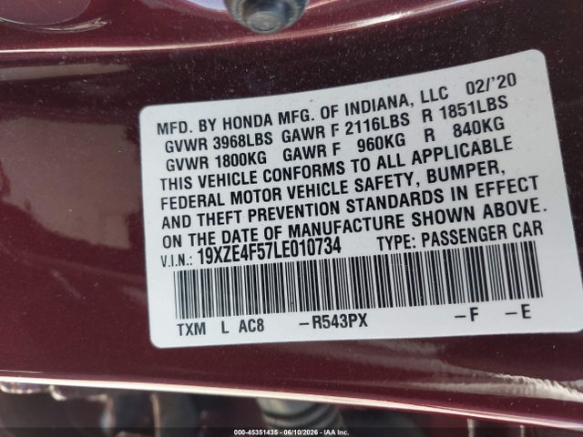 45351435 :رقم المزاد ، 19XZE4F57LE010734 vin ، 2020 Honda Insight Ex مزاد بيع