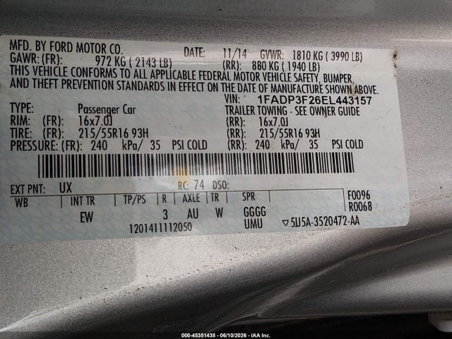 Ford FOCUS SE 2014 1FADP3F26EL443157 Image 9