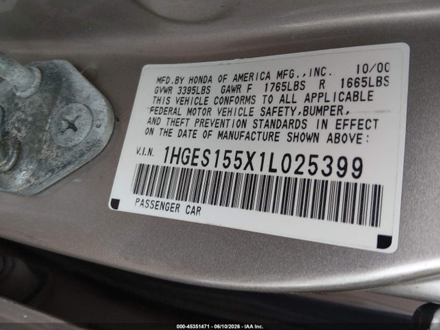 Продажа на аукционе авто 2001 Honda Civic Lx, vin: 1HGES155X1L025399, номер лота: 45351471