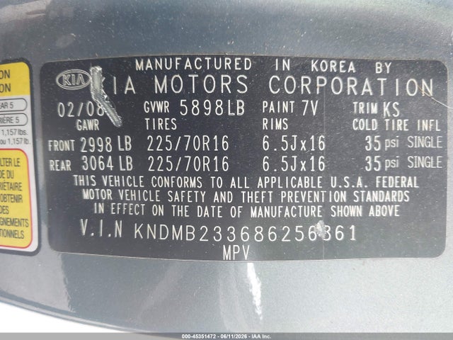 Aukcja sprzedaży 2008 Kia Sedona Lx, vin: KNDMB233686256861, numer aukcji: 45351472