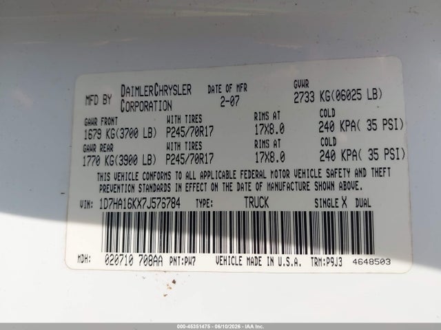 2007 Dodge Ram 1500 St მანქანა იყიდება აუქციონზე, vin: 1D7HA16KX7J576784, აუქციონის ნომერი: 45351475