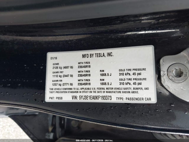 Tesla MODEL 3 2019 5YJ3E1EA0KF193373 Image 9
