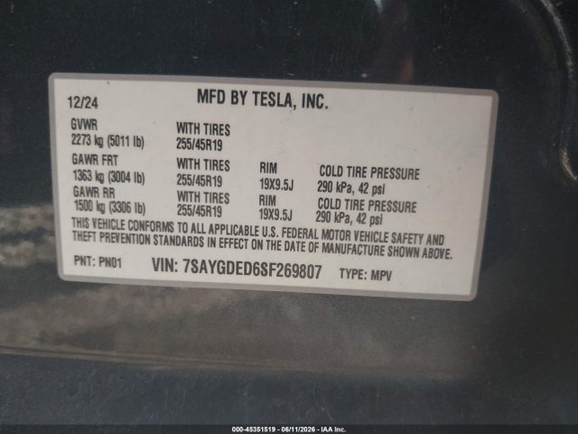 Продаж на аукціоні авто 2025 Tesla Model Y Long Range Dual Motor Rear-wheel Drive, vin: 7SAYGDED6SF269807, номер лоту: 45351519