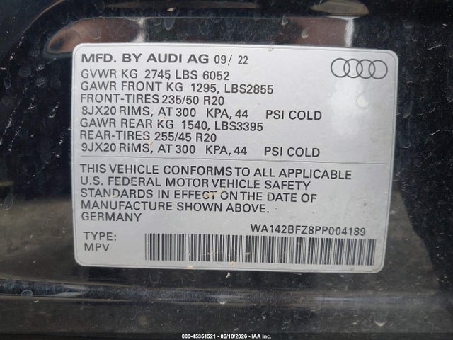 WA142BFZ8PP004189 Audi Q4 Sportback E-tron Prestige 50 Quattro