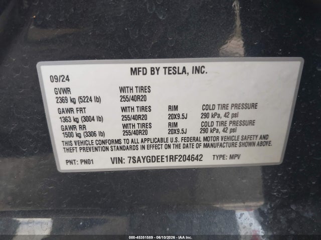 Продажа на аукционе авто 2024 Tesla Model Y Long Range Dual Motor All-wheel Drive, vin: 7SAYGDEE1RF204642, номер лота: 45351589