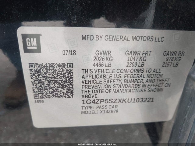 45351598 :رقم المزاد ، 1G4ZP5SZXKU103221 vin ، 2019 Buick Lacrosse Fwd Essence مزاد بيع